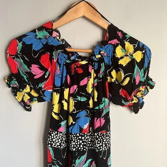 Rixo Target Floral Off Shoulder Puff Sleeve Dress Black Multicolor - Picture 6 of 8